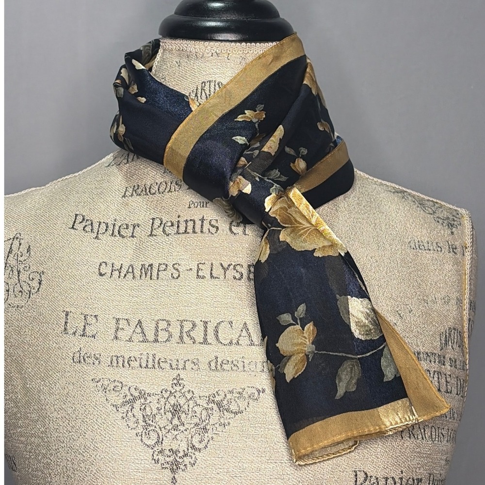 Elaine Gold Collection XIIX LTD Floral Scarf Navy Blue Gold Sheer Satin Oblong